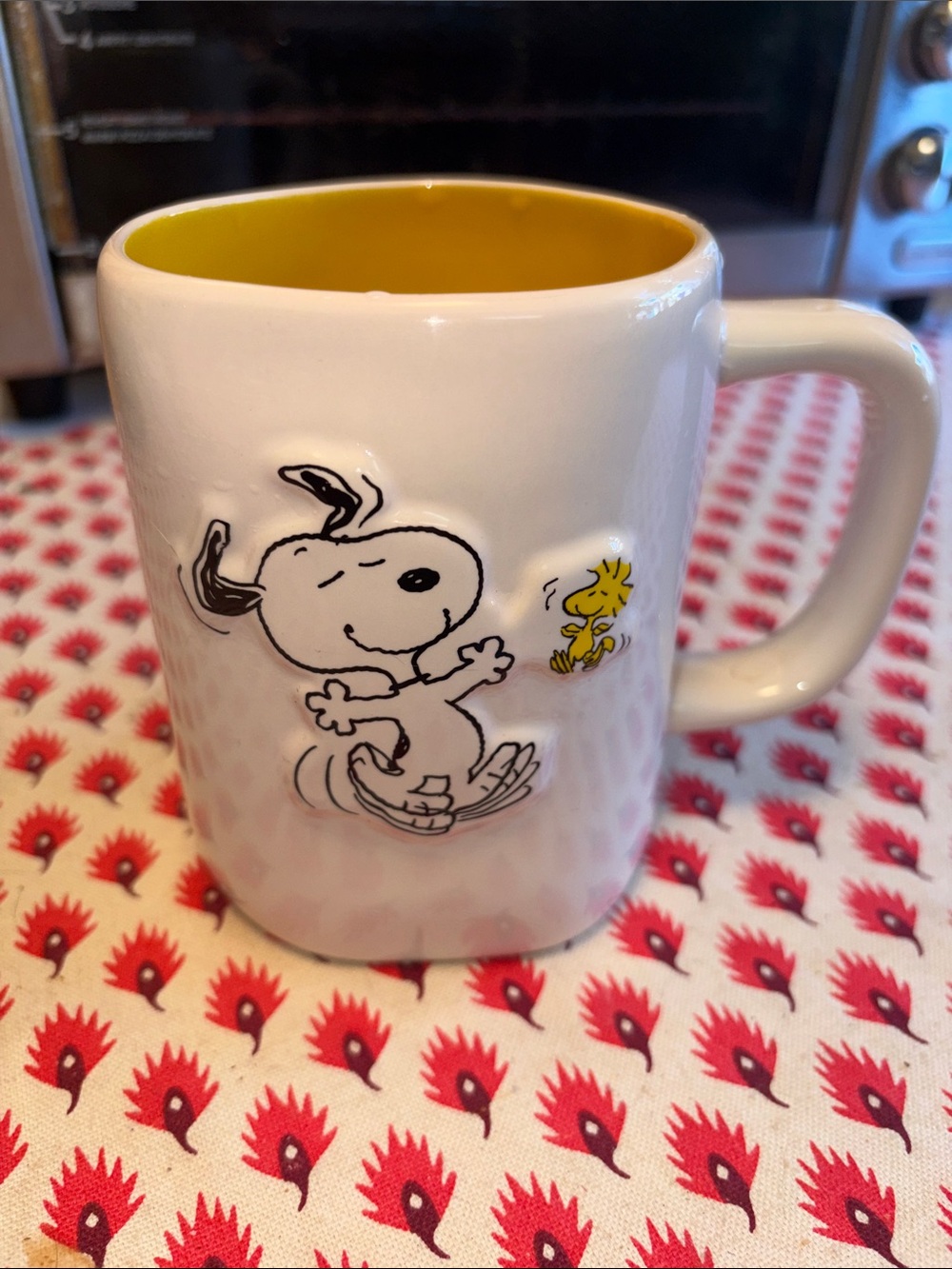 Peanuts Snoopy & Woodstock Rae Dunn White Ceramic Mug with Yellow Interior